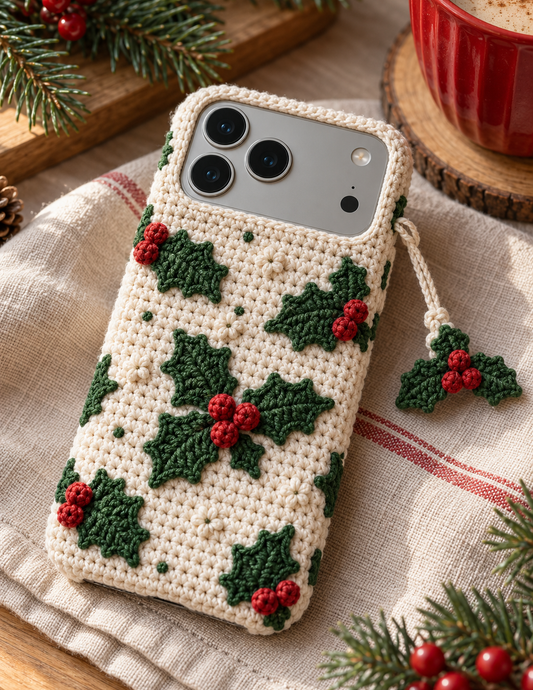KI-Konzept einer gehäkelten Handyhülle mit dem Motiv Stechpalme und Beeren für iPhone 18 Pro Max