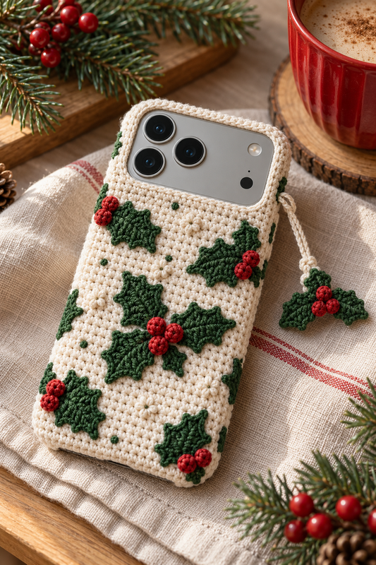 KI-Konzept einer gehäkelten Handyhülle mit dem Motiv Stechpalme und Beeren für iPhone 18 Pro Max
