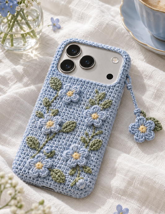 KI-Konzept einer gehäkelten Handyhülle mit dem Motiv Vergissmeinnicht für iPhone 18 Pro