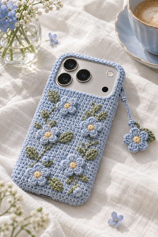 KI-Konzept einer gehäkelten Handyhülle mit dem Motiv Vergissmeinnicht für iPhone 18 Pro