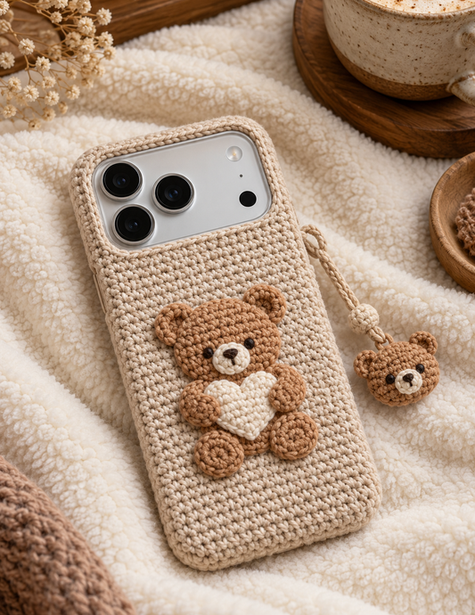 KI-Konzept einer gehäkelten Handyhülle mit dem Motiv Kleiner Teddybär für iPhone 18 Pro