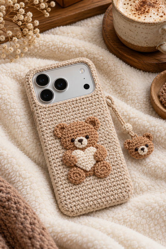 KI-Konzept einer gehäkelten Handyhülle mit dem Motiv Kleiner Teddybär für iPhone 18 Pro