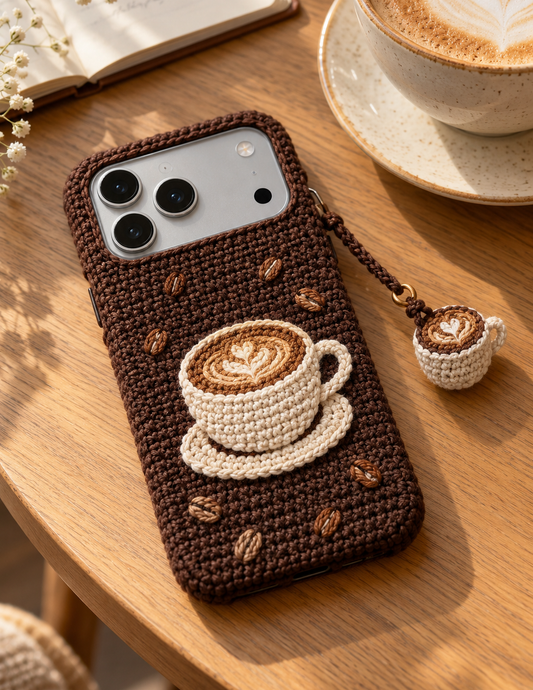 KI-Konzept einer gehäkelten Handyhülle mit dem Motiv Kaffee und Bohnen für iPhone 18 Pro Max