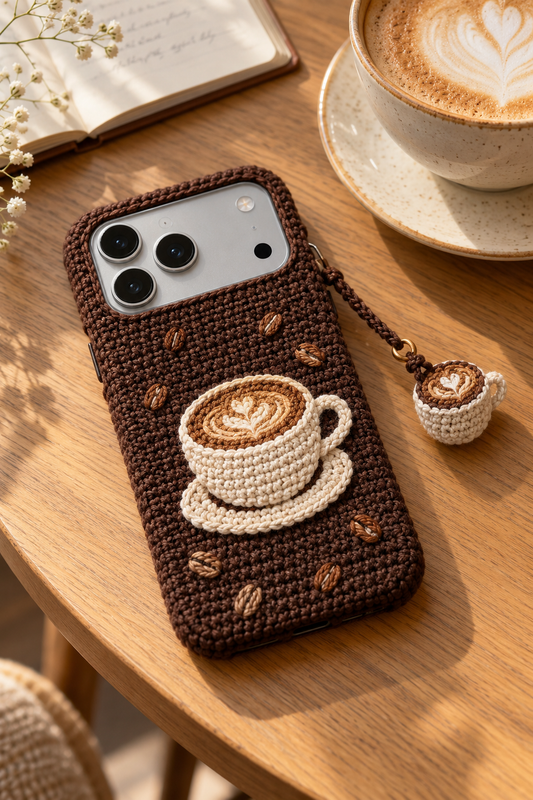 KI-Konzept einer gehäkelten Handyhülle mit dem Motiv Kaffee und Bohnen für iPhone 18 Pro Max