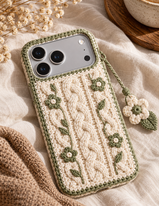 KI-Konzept einer gehäkelten Handyhülle mit dem Motiv Zopfmuster in Creme für iPhone 18 Pro Max