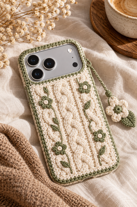 KI-Konzept einer gehäkelten Handyhülle mit dem Motiv Zopfmuster in Creme für iPhone 18 Pro Max