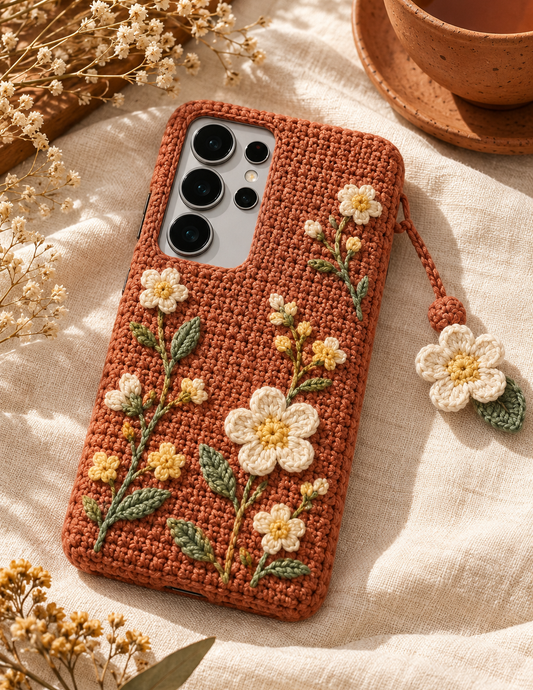 KI-Konzept einer gehäkelten Handyhülle mit dem Motiv Wildblumen in Terrakotta für Samsung Galaxy S25 Ultra