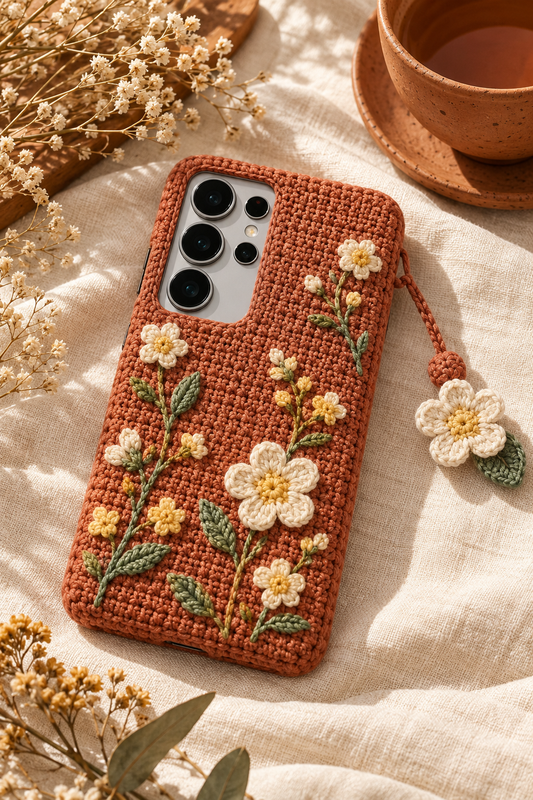 KI-Konzept einer gehäkelten Handyhülle mit dem Motiv Wildblumen in Terrakotta für Samsung Galaxy S25 Ultra