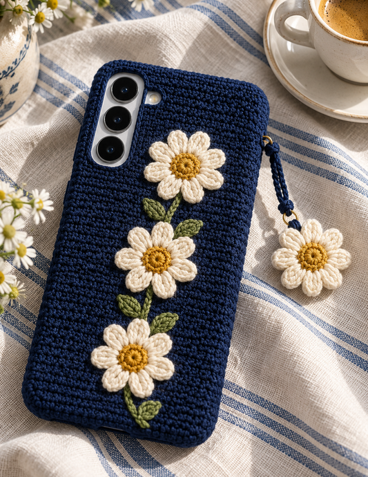 KI-Konzept einer gehäkelten Handyhülle mit dem Motiv Blaue Gänseblümchen für Samsung Galaxy S25