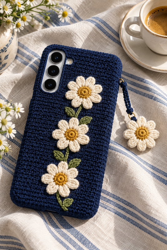 KI-Konzept einer gehäkelten Handyhülle mit dem Motiv Blaue Gänseblümchen für Samsung Galaxy S25