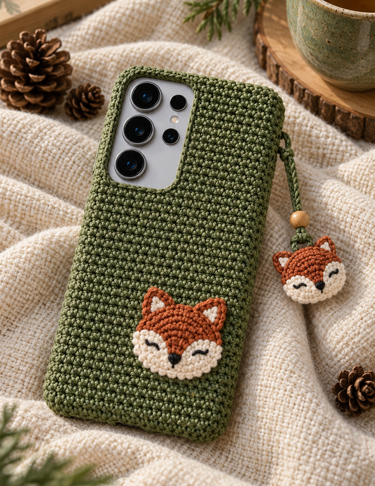 KI-Konzept einer gehäkelten Handyhülle mit dem Motiv Kleiner Waldfuchs für Samsung Galaxy S25 Ultra