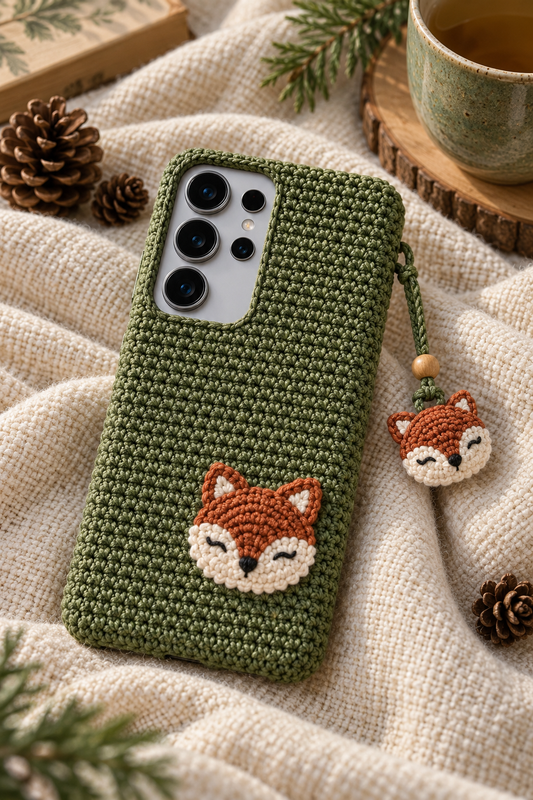 KI-Konzept einer gehäkelten Handyhülle mit dem Motiv Kleiner Waldfuchs für Samsung Galaxy S25 Ultra