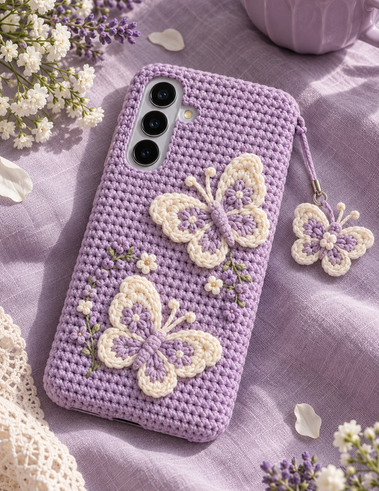 KI-Konzept einer gehäkelten Handyhülle mit dem Motiv Fliederfarbene Schmetterlinge für Samsung Galaxy S25