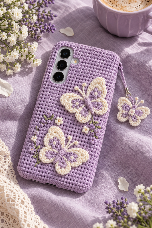 KI-Konzept einer gehäkelten Handyhülle mit dem Motiv Fliederfarbene Schmetterlinge für Samsung Galaxy S25