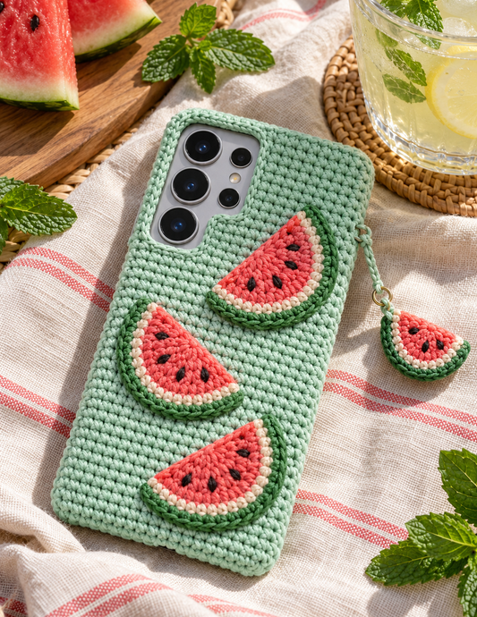 KI-Konzept einer gehäkelten Handyhülle mit dem Motiv Sommerliche Wassermelone für Samsung Galaxy S25 Ultra