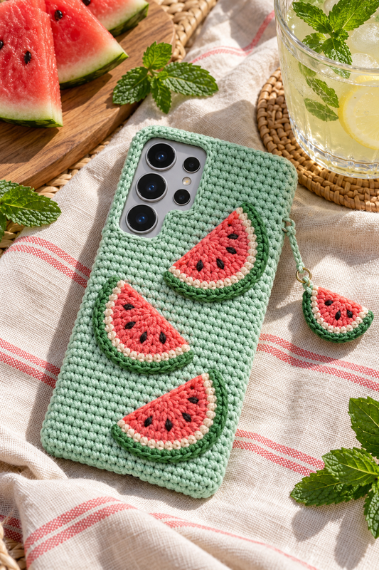 KI-Konzept einer gehäkelten Handyhülle mit dem Motiv Sommerliche Wassermelone für Samsung Galaxy S25 Ultra
