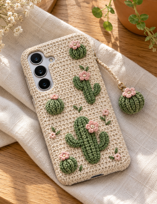 KI-Konzept einer gehäkelten Handyhülle mit dem Motiv Blühender Kaktus für Samsung Galaxy S25