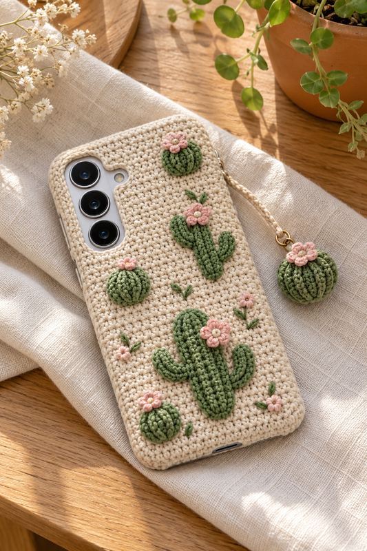 KI-Konzept einer gehäkelten Handyhülle mit dem Motiv Blühender Kaktus für Samsung Galaxy S25