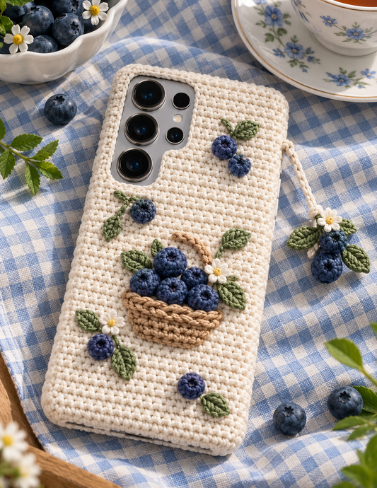 KI-Konzept einer gehäkelten Handyhülle mit dem Motiv Heidelbeerkörbchen für Samsung Galaxy S25 Ultra