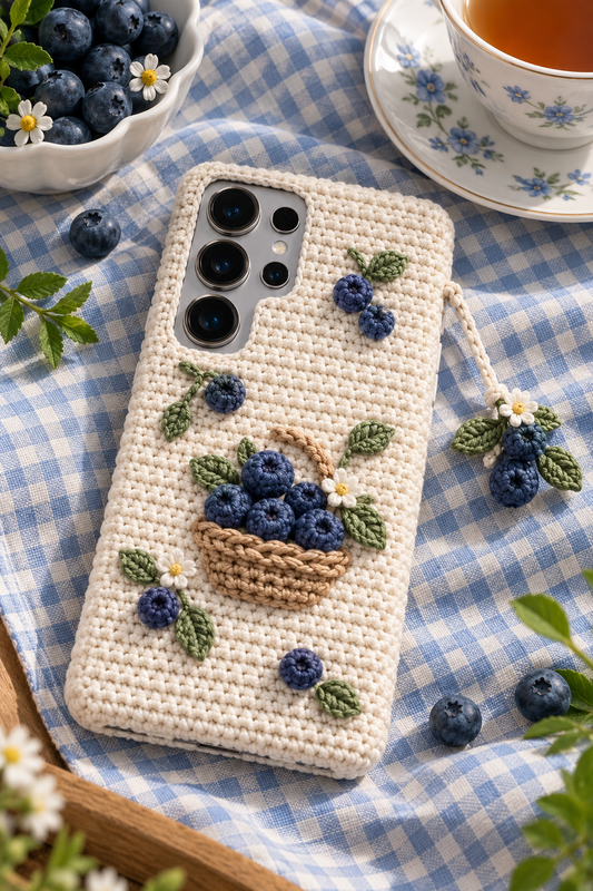 KI-Konzept einer gehäkelten Handyhülle mit dem Motiv Heidelbeerkörbchen für Samsung Galaxy S25 Ultra