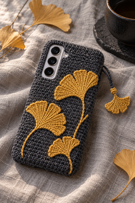 KI-Konzept einer gehäkelten Handyhülle mit dem Motiv Goldene Ginkgoblätter für Samsung Galaxy S25