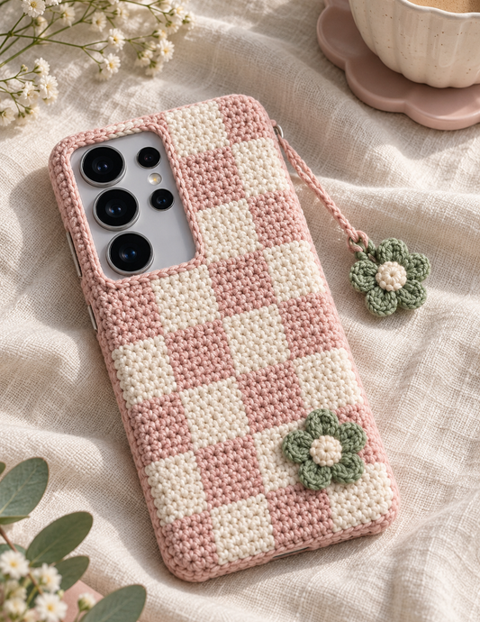 KI-Konzept einer gehäkelten Handyhülle mit dem Motiv Pastell-Schachbrett für Samsung Galaxy S25 Ultra