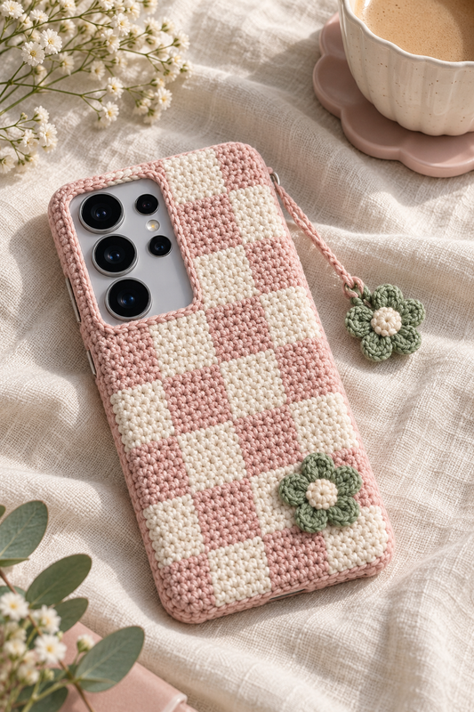 KI-Konzept einer gehäkelten Handyhülle mit dem Motiv Pastell-Schachbrett für Samsung Galaxy S25 Ultra
