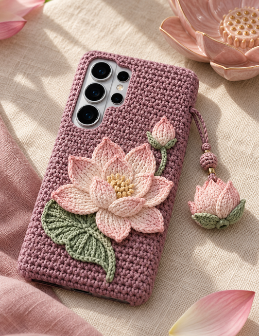 KI-Konzept einer gehäkelten Handyhülle mit dem Motiv Lotusblüte für Samsung Galaxy S25 Ultra
