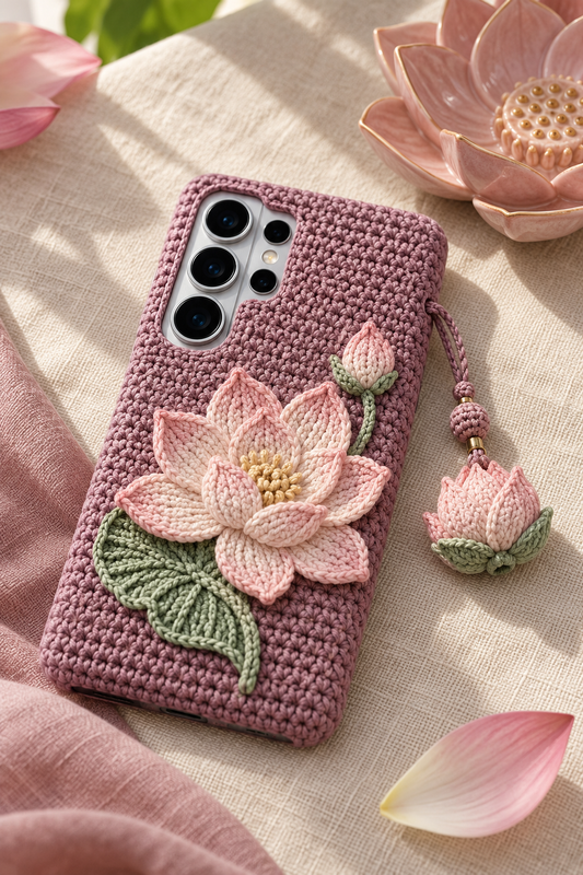 KI-Konzept einer gehäkelten Handyhülle mit dem Motiv Lotusblüte für Samsung Galaxy S25 Ultra