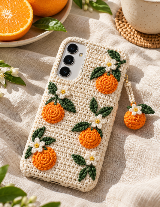 KI-Konzept einer gehäkelten Handyhülle mit dem Motiv Orangen und Blüten für Samsung Galaxy S25