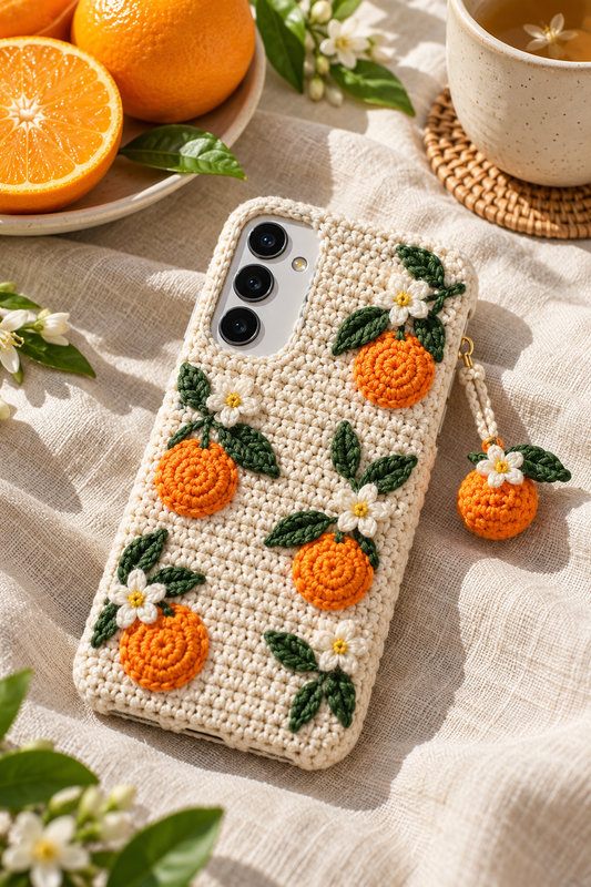 KI-Konzept einer gehäkelten Handyhülle mit dem Motiv Orangen und Blüten für Samsung Galaxy S25