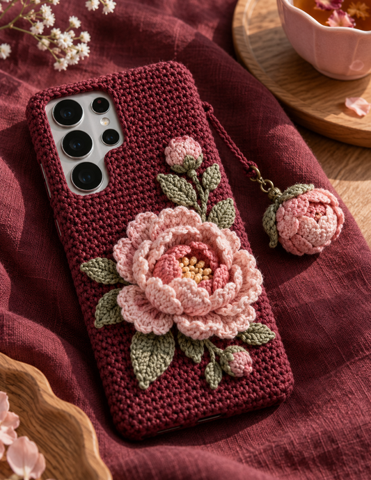 KI-Konzept einer gehäkelten Handyhülle mit dem Motiv Bordeauxrote Pfingstrose für Samsung Galaxy S25 Ultra