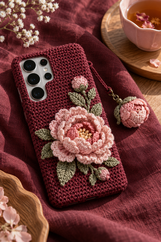 KI-Konzept einer gehäkelten Handyhülle mit dem Motiv Bordeauxrote Pfingstrose für Samsung Galaxy S25 Ultra