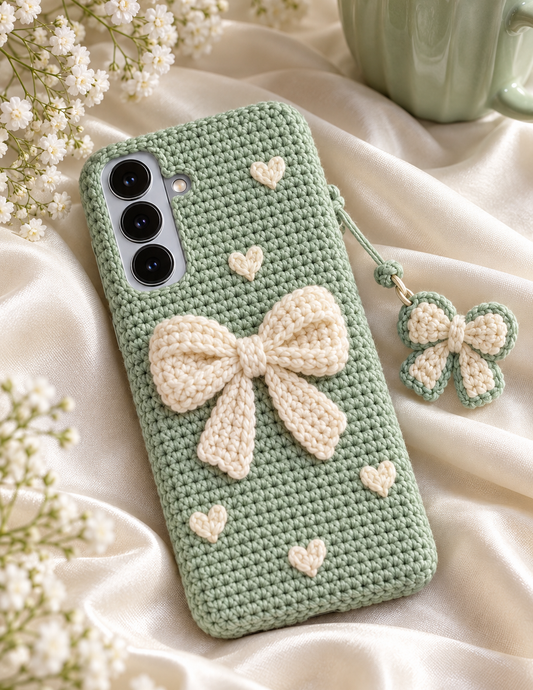 KI-Konzept einer gehäkelten Handyhülle mit dem Motiv Schleife und Herzen in Mint für Samsung Galaxy S25