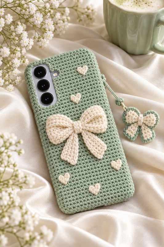 KI-Konzept einer gehäkelten Handyhülle mit dem Motiv Schleife und Herzen in Mint für Samsung Galaxy S25