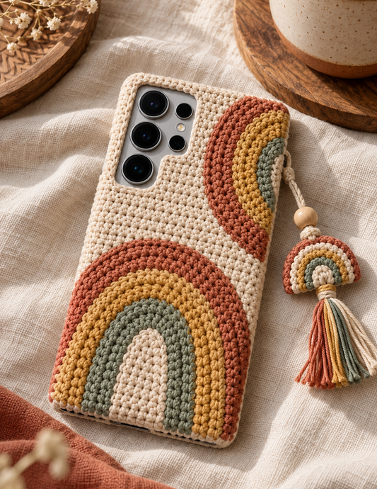 KI-Konzept einer gehäkelten Handyhülle mit dem Motiv Regenbogen in Naturfarben für Samsung Galaxy S25 Ultra