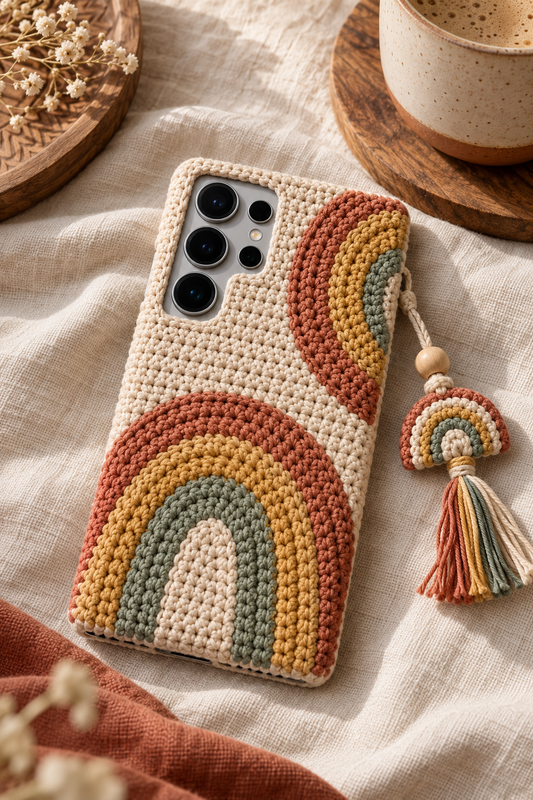 KI-Konzept einer gehäkelten Handyhülle mit dem Motiv Regenbogen in Naturfarben für Samsung Galaxy S25 Ultra