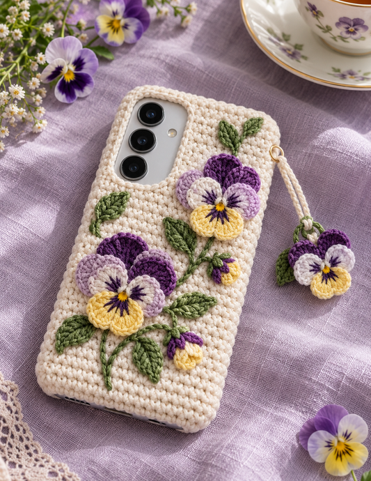 KI-Konzept einer gehäkelten Handyhülle mit dem Motiv Stiefmütterchen für Samsung Galaxy S25