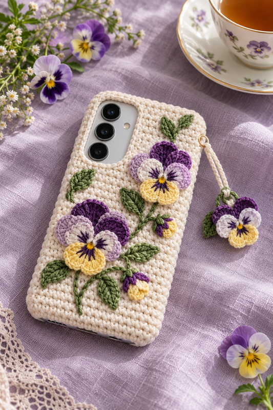 KI-Konzept einer gehäkelten Handyhülle mit dem Motiv Stiefmütterchen für Samsung Galaxy S25