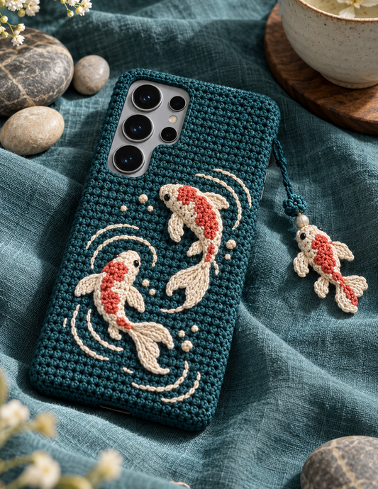 KI-Konzept einer gehäkelten Handyhülle mit dem Motiv Koi-Teich für Samsung Galaxy S25 Ultra