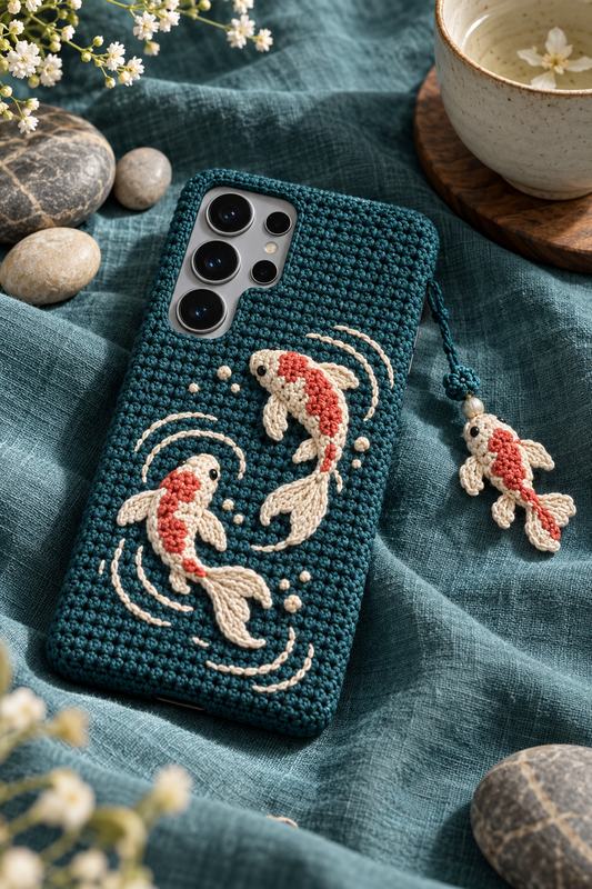 KI-Konzept einer gehäkelten Handyhülle mit dem Motiv Koi-Teich für Samsung Galaxy S25 Ultra