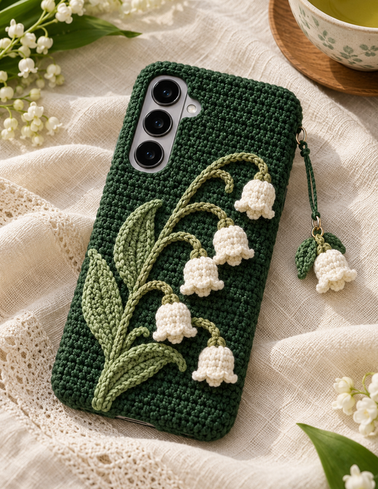 KI-Konzept einer gehäkelten Handyhülle mit dem Motiv Maiglöckchen für Samsung Galaxy S25