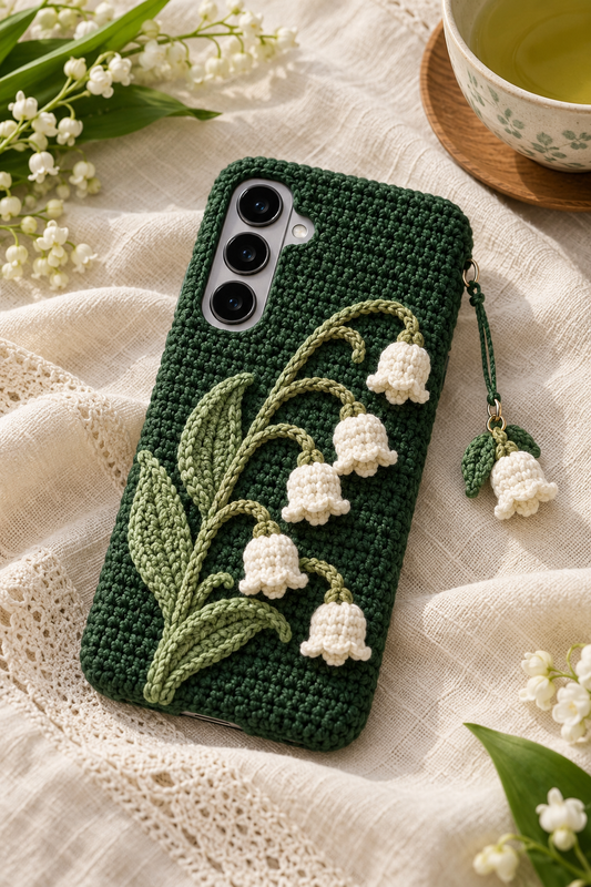 KI-Konzept einer gehäkelten Handyhülle mit dem Motiv Maiglöckchen für Samsung Galaxy S25
