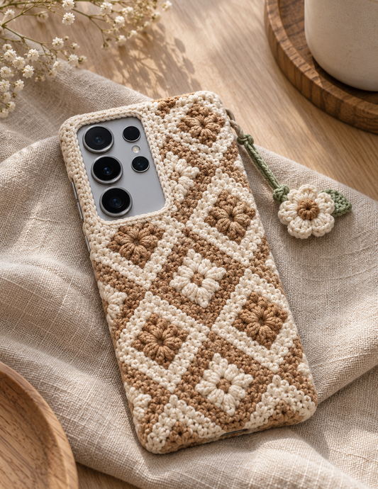 KI-Konzept einer gehäkelten Handyhülle mit dem Motiv Boho-Rautenmuster für Samsung Galaxy S25 Ultra