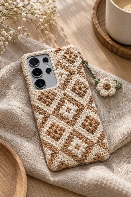 KI-Konzept einer gehäkelten Handyhülle mit dem Motiv Boho-Rautenmuster für Samsung Galaxy S25 Ultra