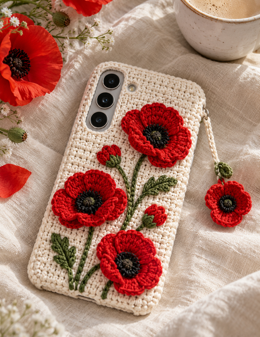 KI-Konzept einer gehäkelten Handyhülle mit dem Motiv Roter Klatschmohn für Samsung Galaxy S25