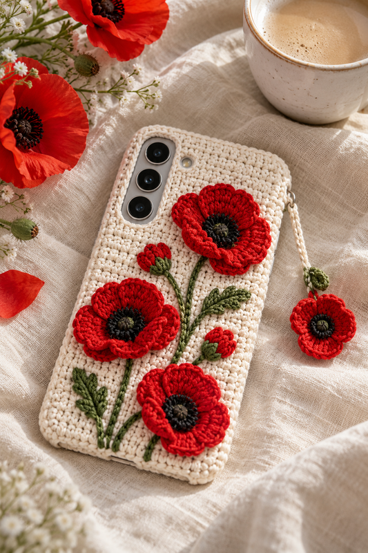KI-Konzept einer gehäkelten Handyhülle mit dem Motiv Roter Klatschmohn für Samsung Galaxy S25
