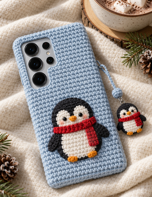 KI-Konzept einer gehäkelten Handyhülle mit dem Motiv Winterlicher Pinguin für Samsung Galaxy S25 Ultra