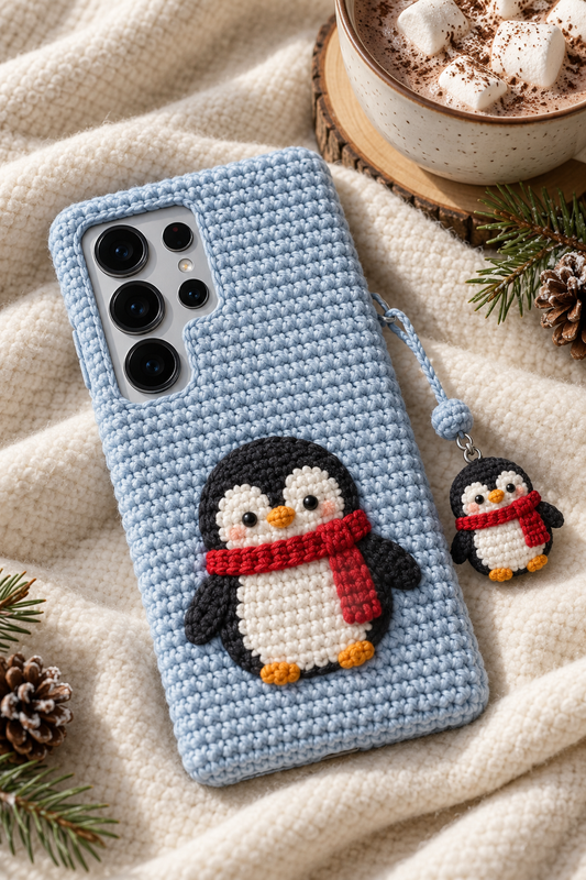 KI-Konzept einer gehäkelten Handyhülle mit dem Motiv Winterlicher Pinguin für Samsung Galaxy S25 Ultra