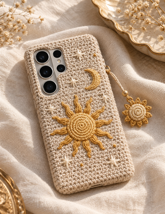 KI-Konzept einer gehäkelten Handyhülle mit dem Motiv Sonne im Boho-Stil für Samsung Galaxy S25 Ultra